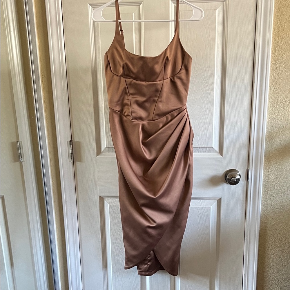 House of CB Brown Satin Midi Dress